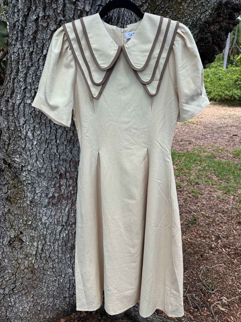Sky Studio Cream Midi Dress with Layered Peter Pan  Collar and Brown Trim.Size S
